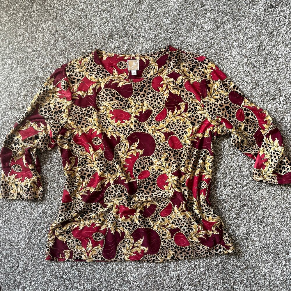 JM Collection Baroque Leopard Print Stretch Top Burgundy Gold PXL